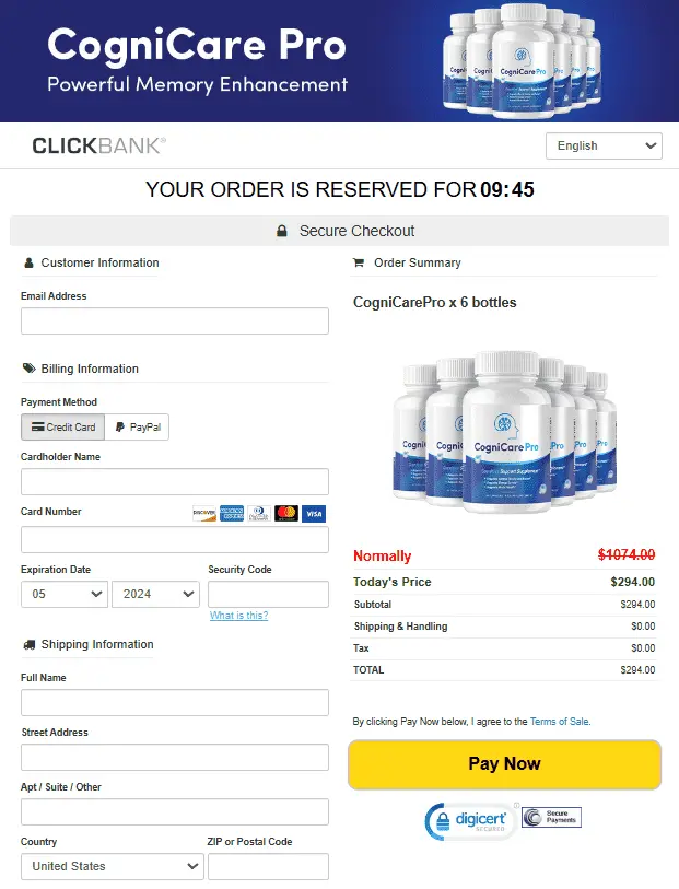 CogniCare Pro supplement Checkout Page